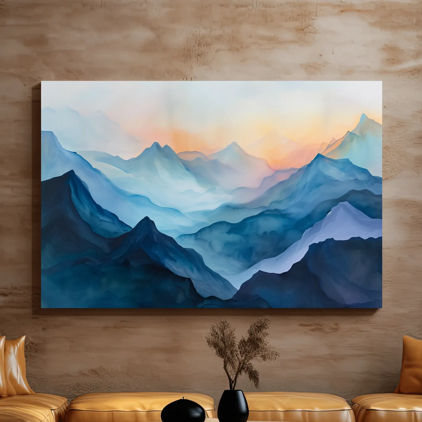 Misty Sunrise Watercolor Mountain Range - Serene Abstract Landscape Wall Art