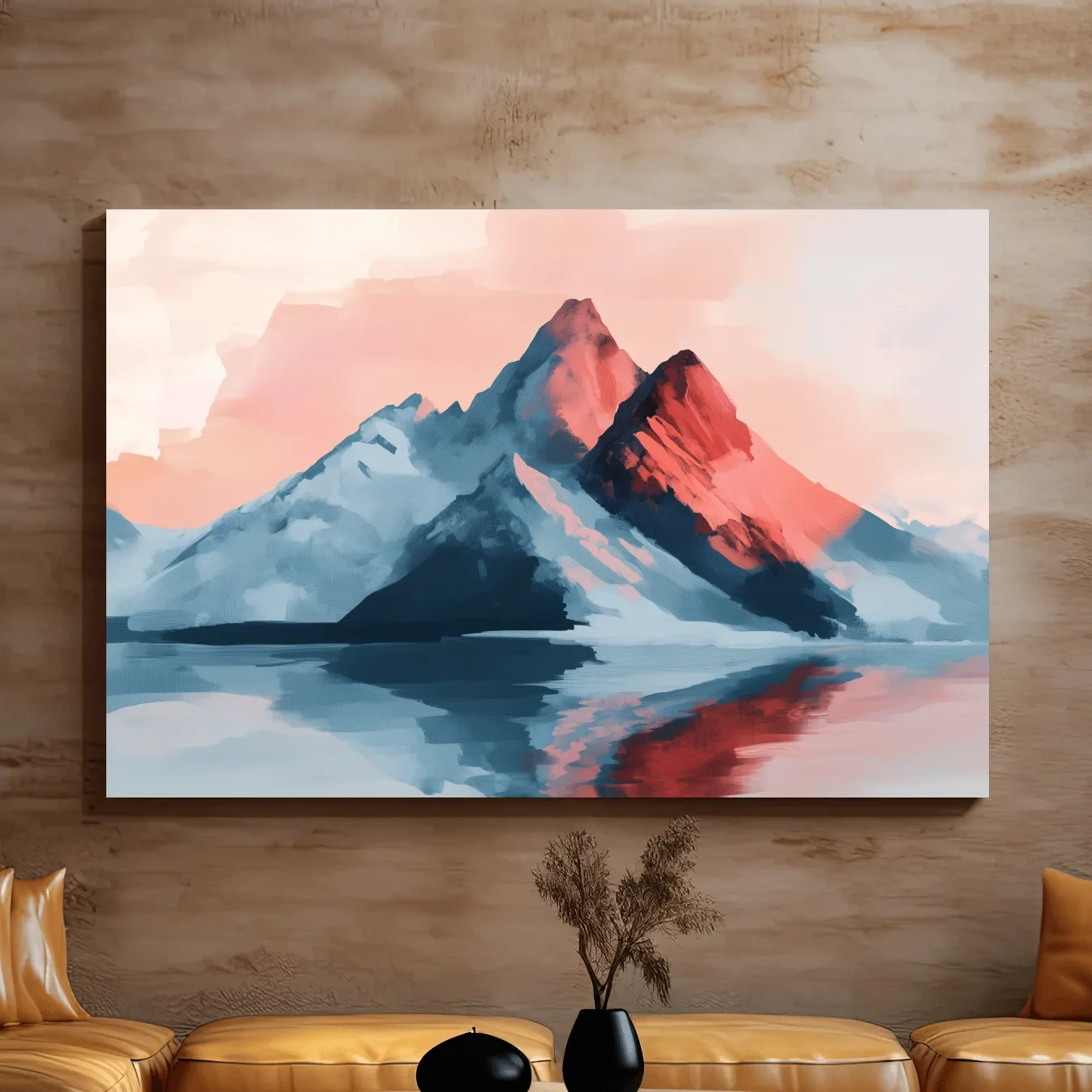 Pastel mountain painting at sunset, glacier reflecting on a lake