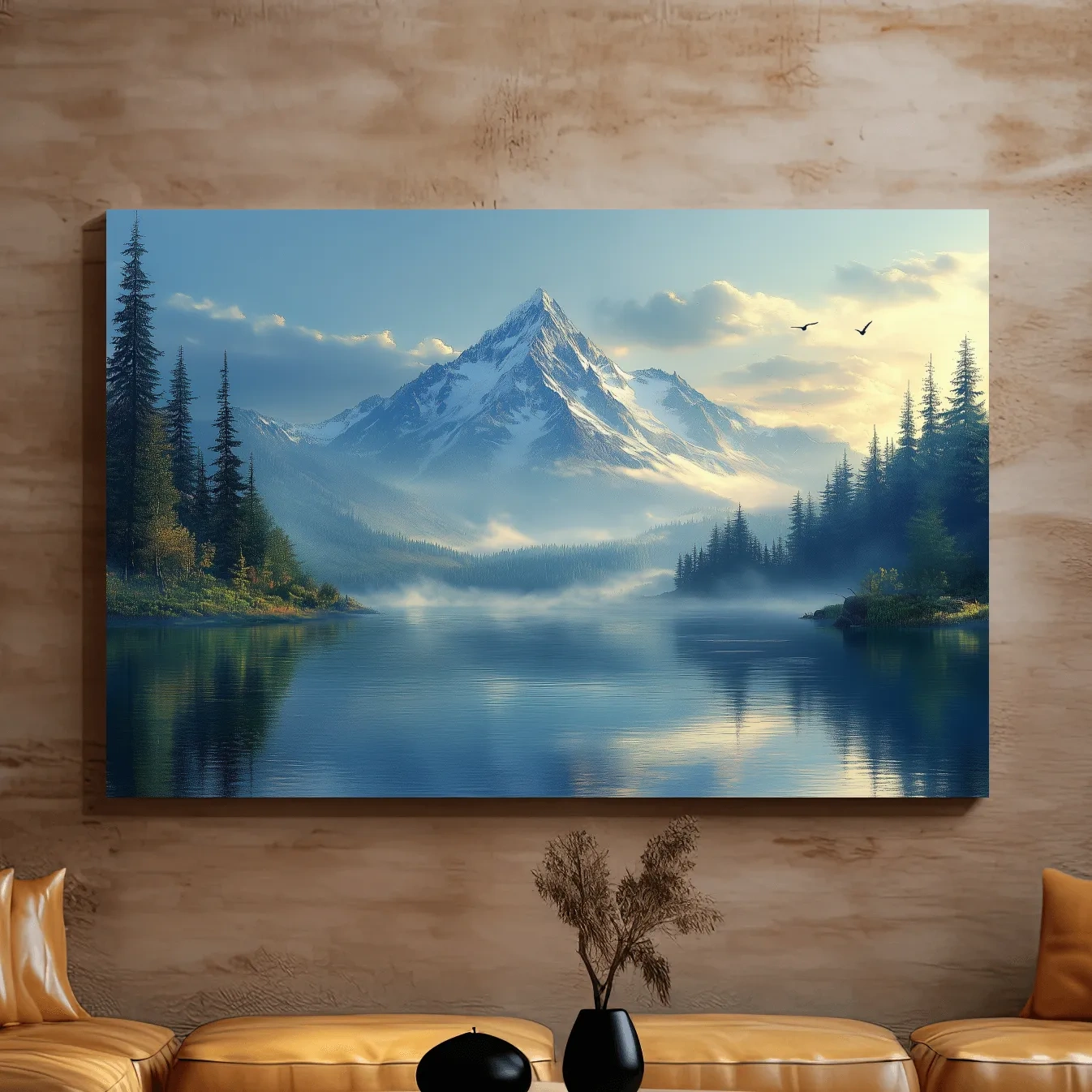 Beautiful misty alpine lake and forest beneath a glacier at sunset, photographic wall art