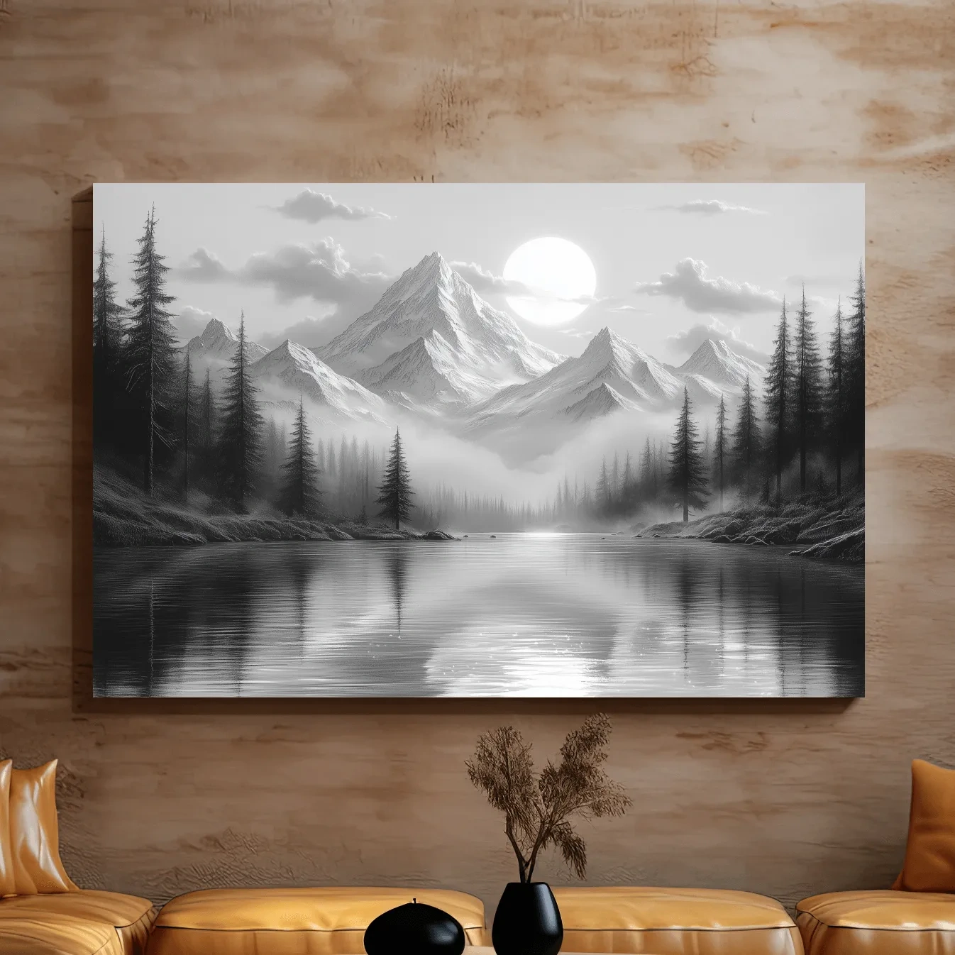 Monochrome Misty Alpine Lake Landscape - Mountain Forest Wall Art