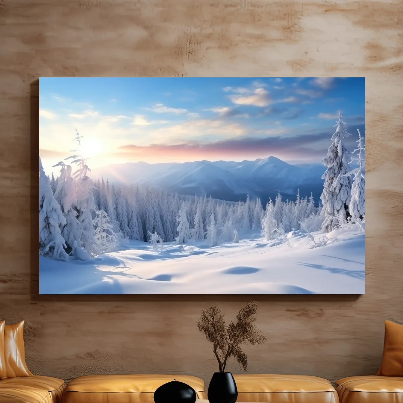 Snow covered alpine forest at sunset, photographic art