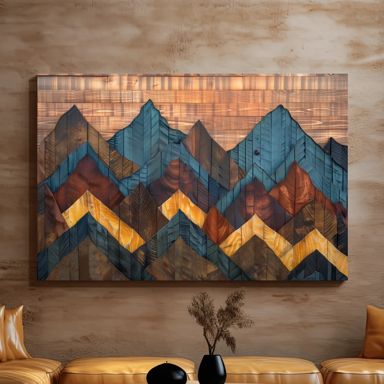 Geometric Wood Grain Mountain Range - Rustic Landscape Artwork