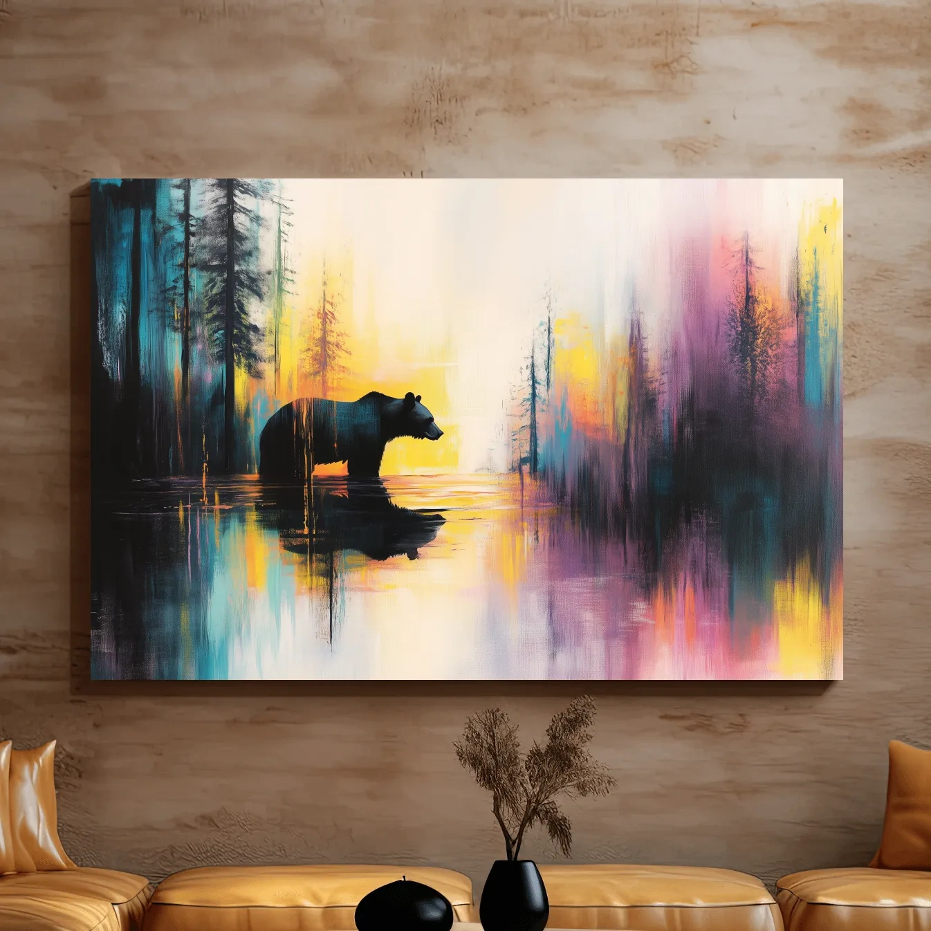 Grizzly bear in a river painting, colorful abstract wall art