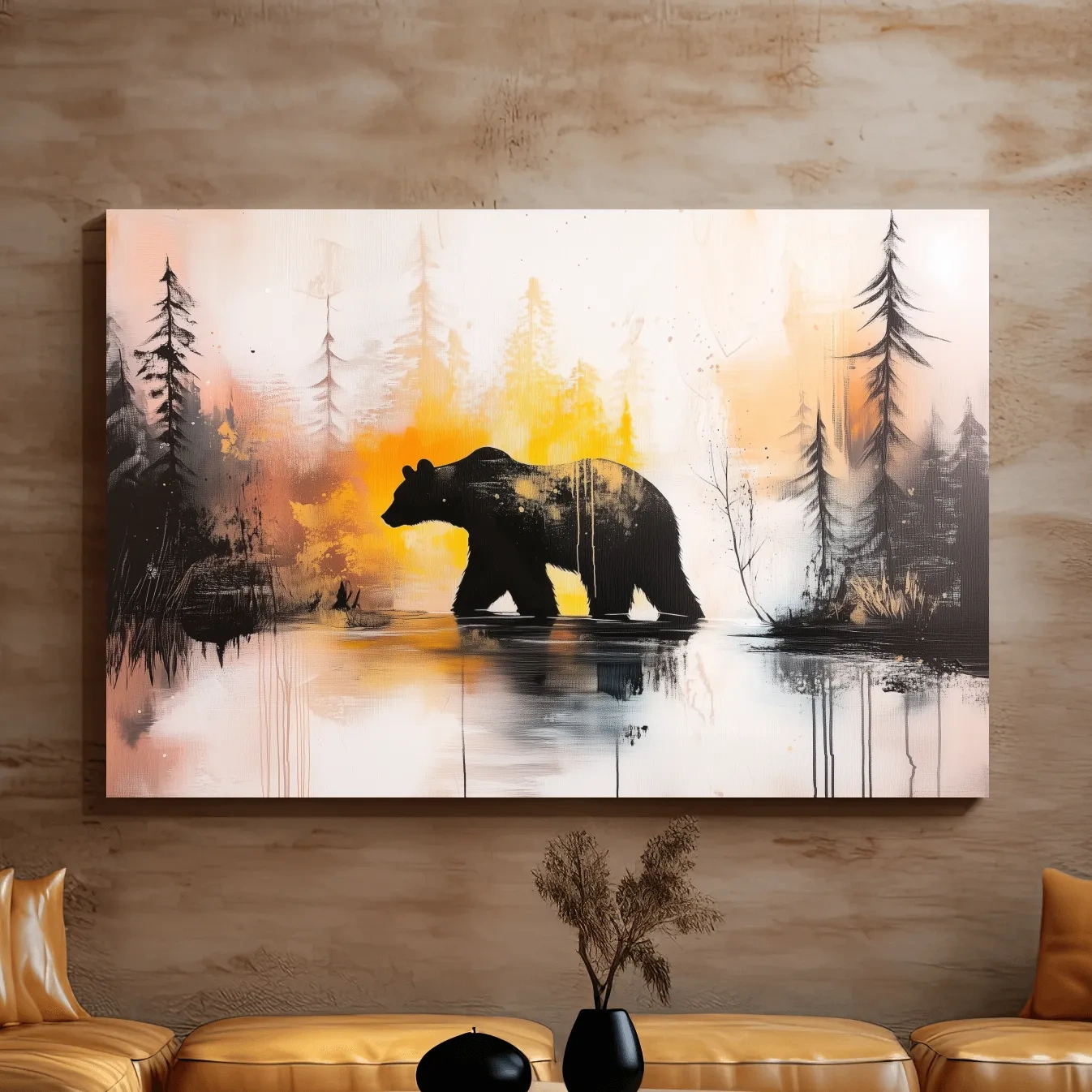 Abstract textured painting, colorful grizzly bear artwork