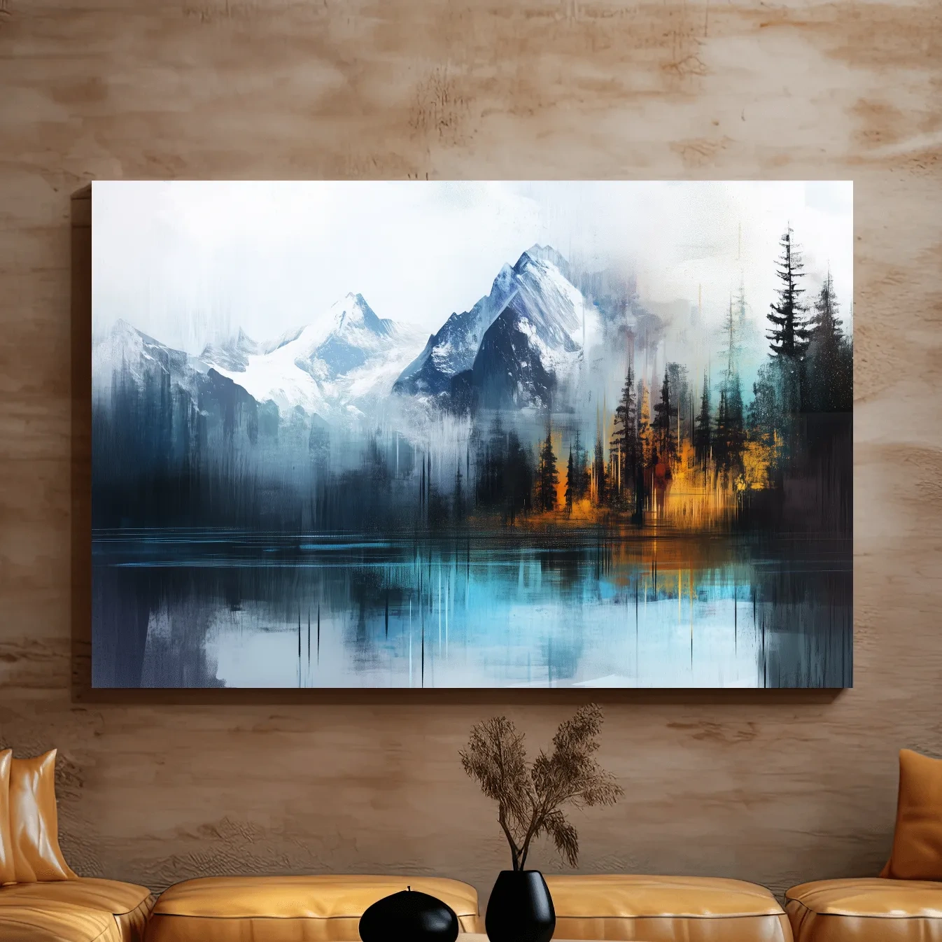 Misty Mountain & Lake Reflection - Abstract Painting Pine Forest Wall Art