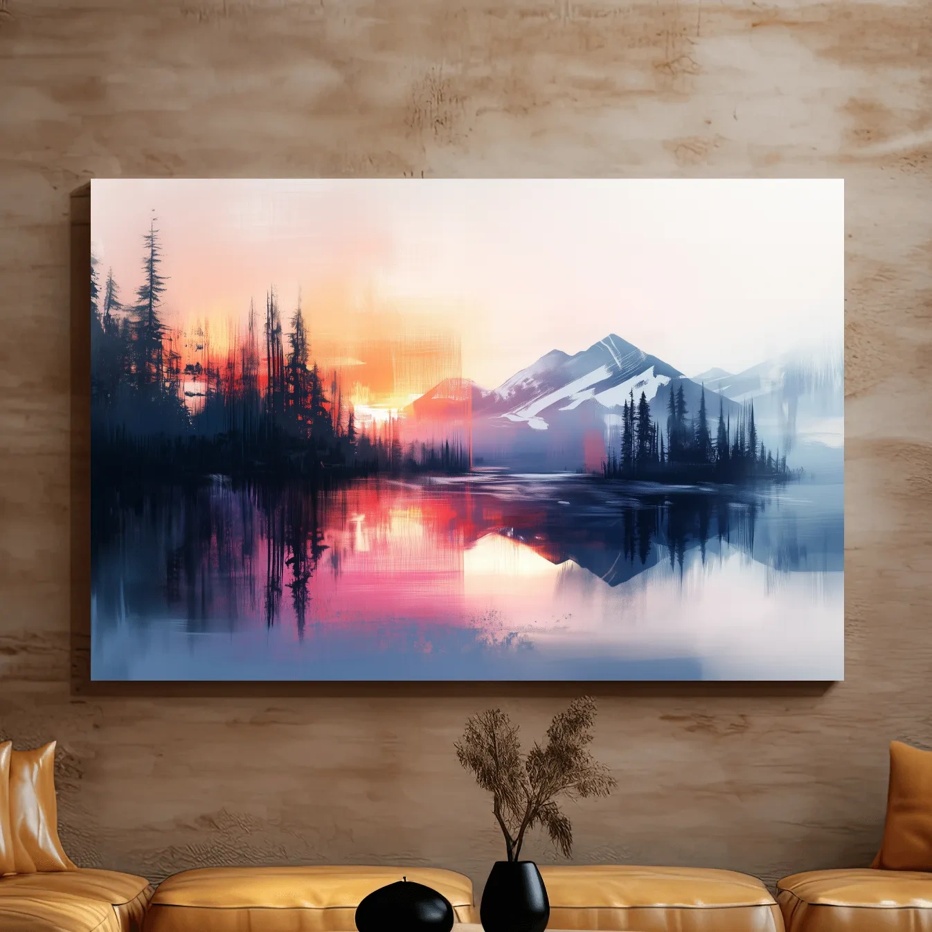 Textured painting wall art, sunset over alpine mountains, lake and forest