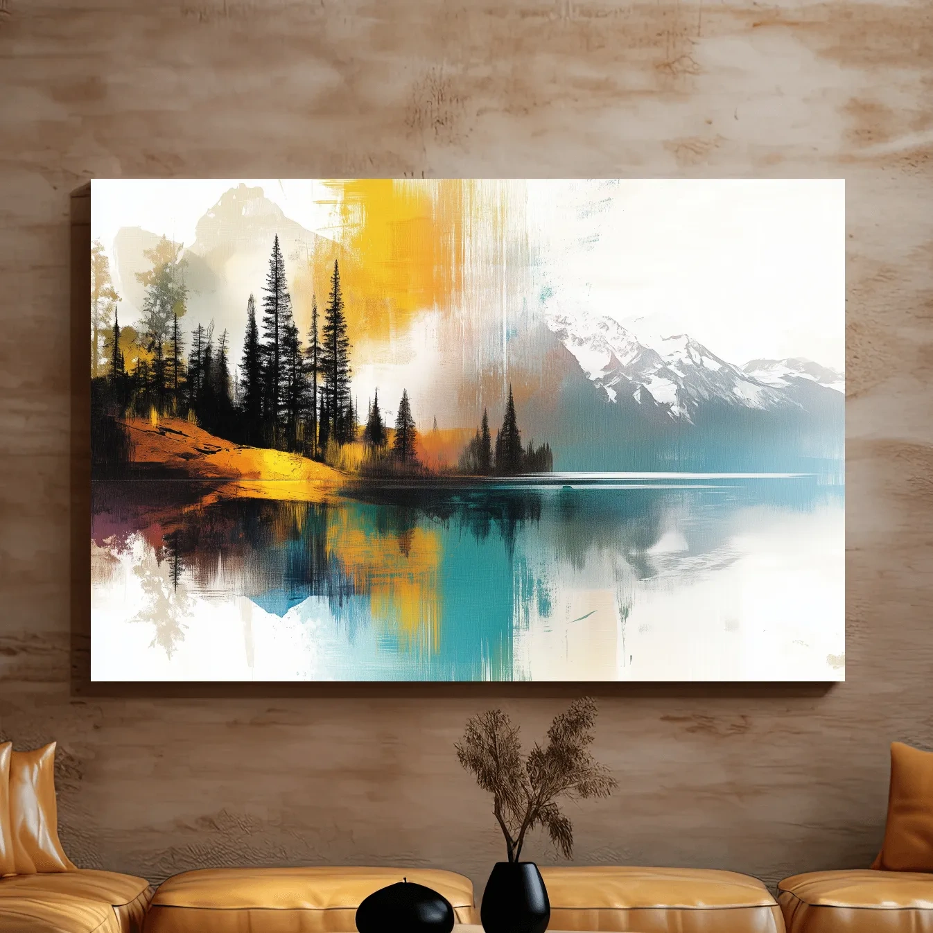 Colorful abstract mountain wall art, textured painting effect