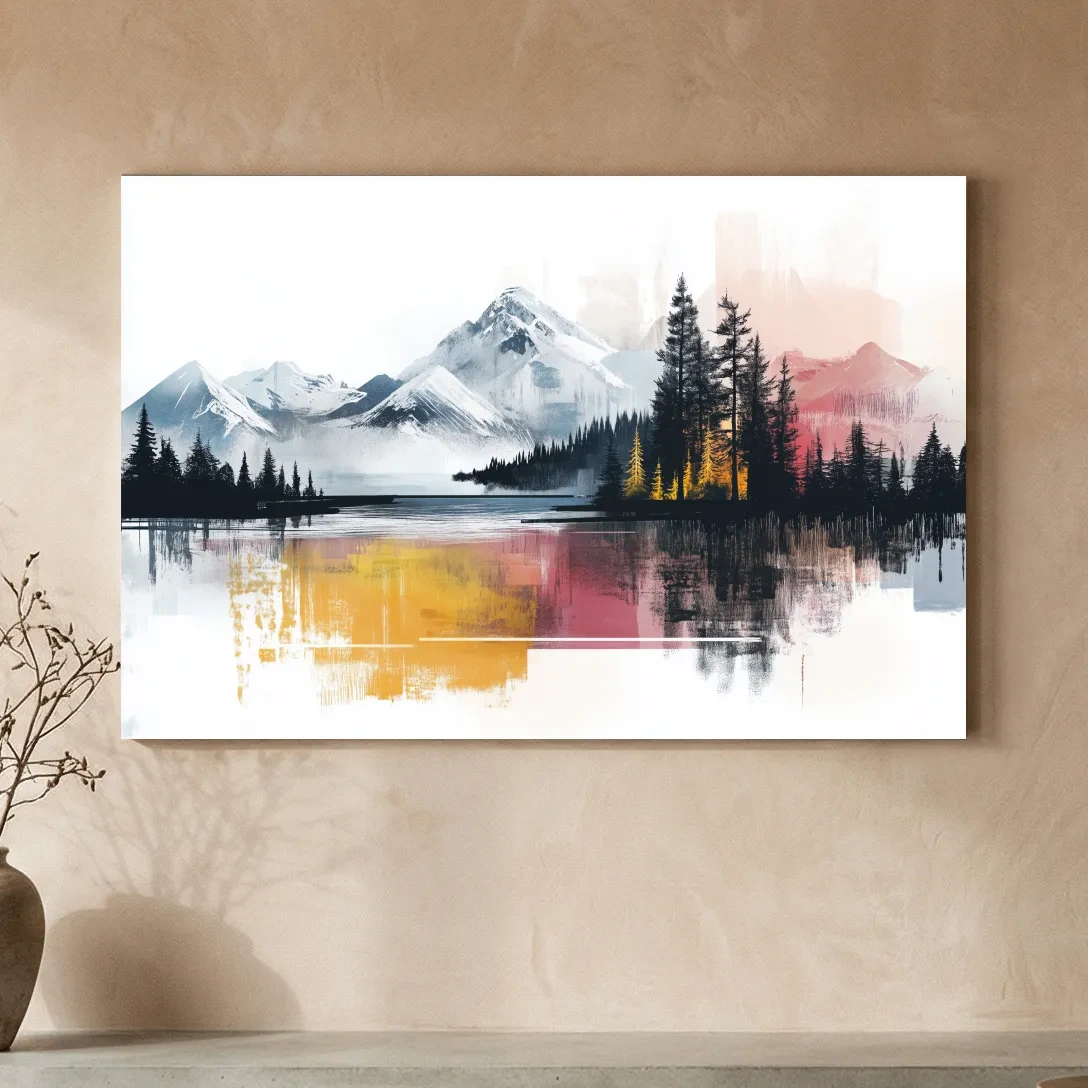 Abstract Misty Mountain Lake Painting - Modern Watercolor Pine Forest Art