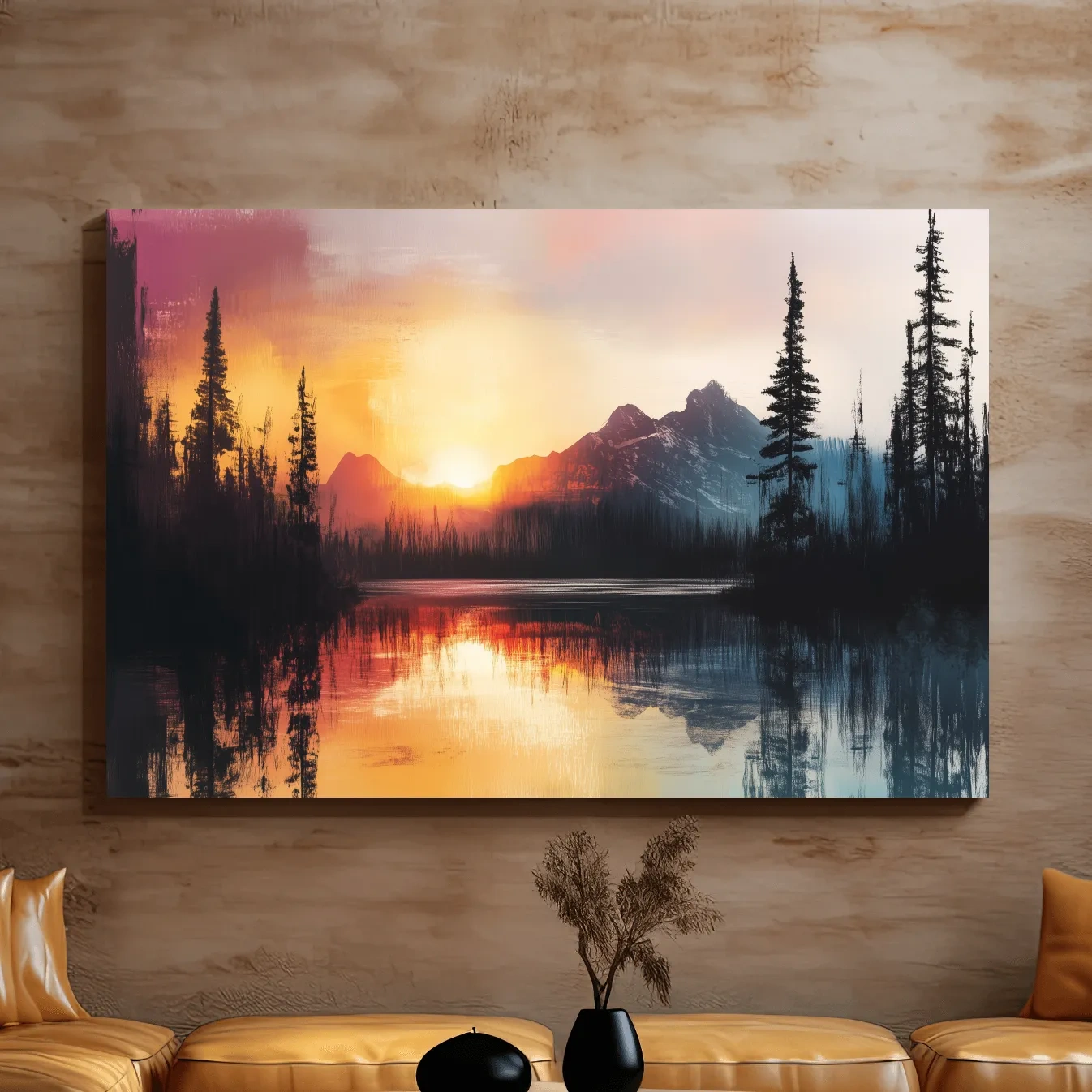 Abstract mountain art painting, sunset over a lake and forest
