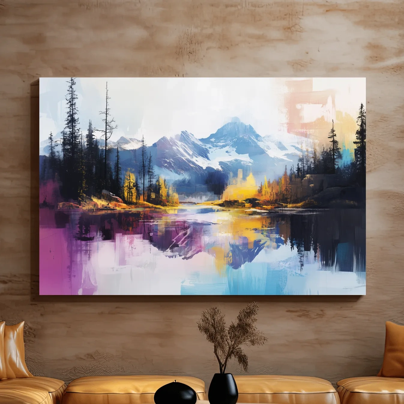 Vibrant Abstract Mountain Lake Reflection Painting - Colorful Modern Landscape Wall Art