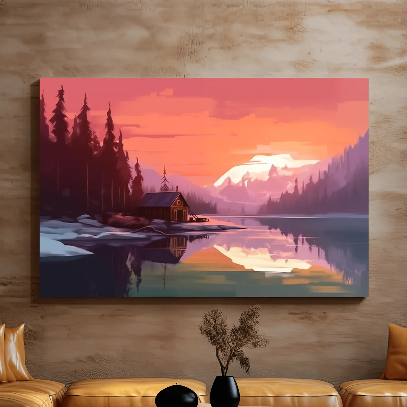 Mountain art painting, cabin by a lake at sunset