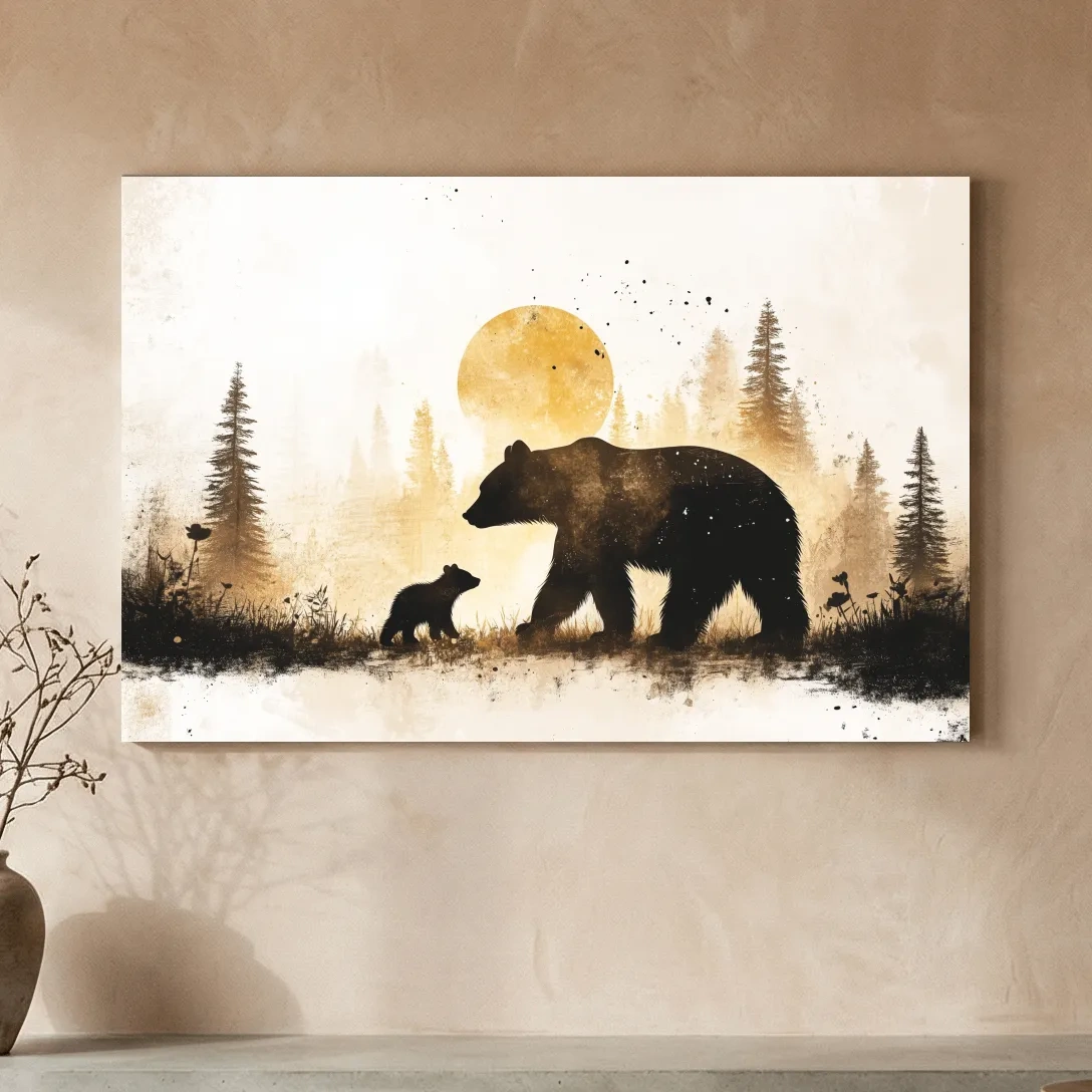 Momma Bear And Cub Watercolor Silhouette - Rustic Forest Wildlife Wall Art