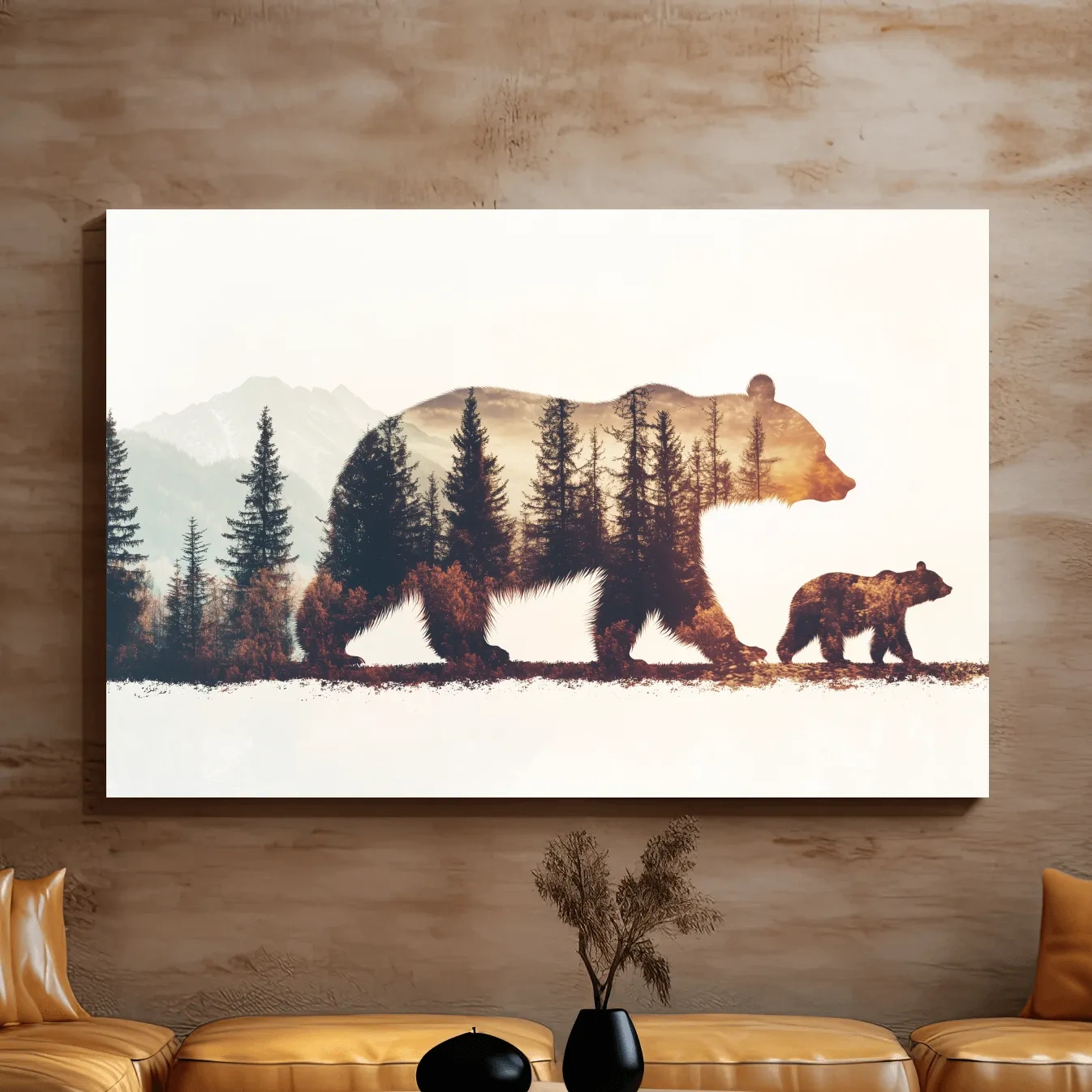 Double exposure forest wall art, momma bear and her cub