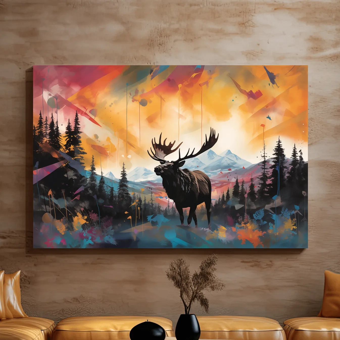 Abstract vibrant painting of a moose in forest scenery