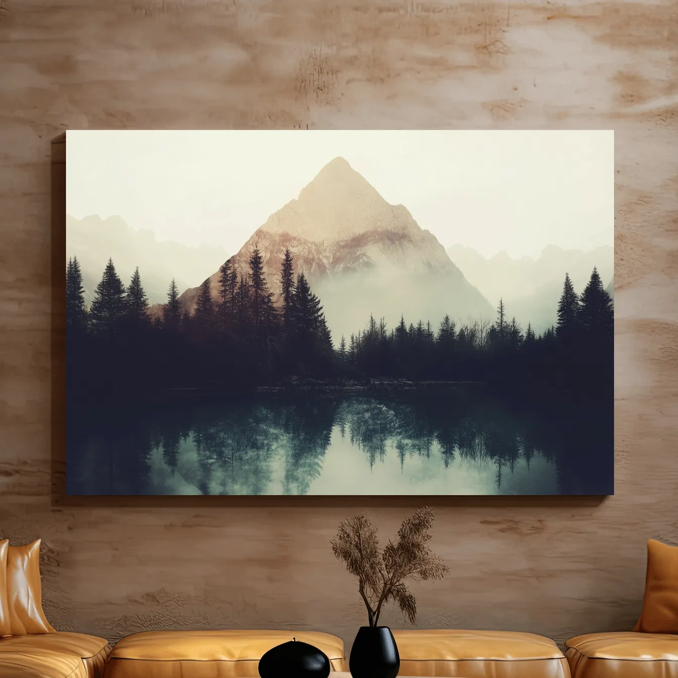 Mountain wall art, silhouetted forest on the lake
