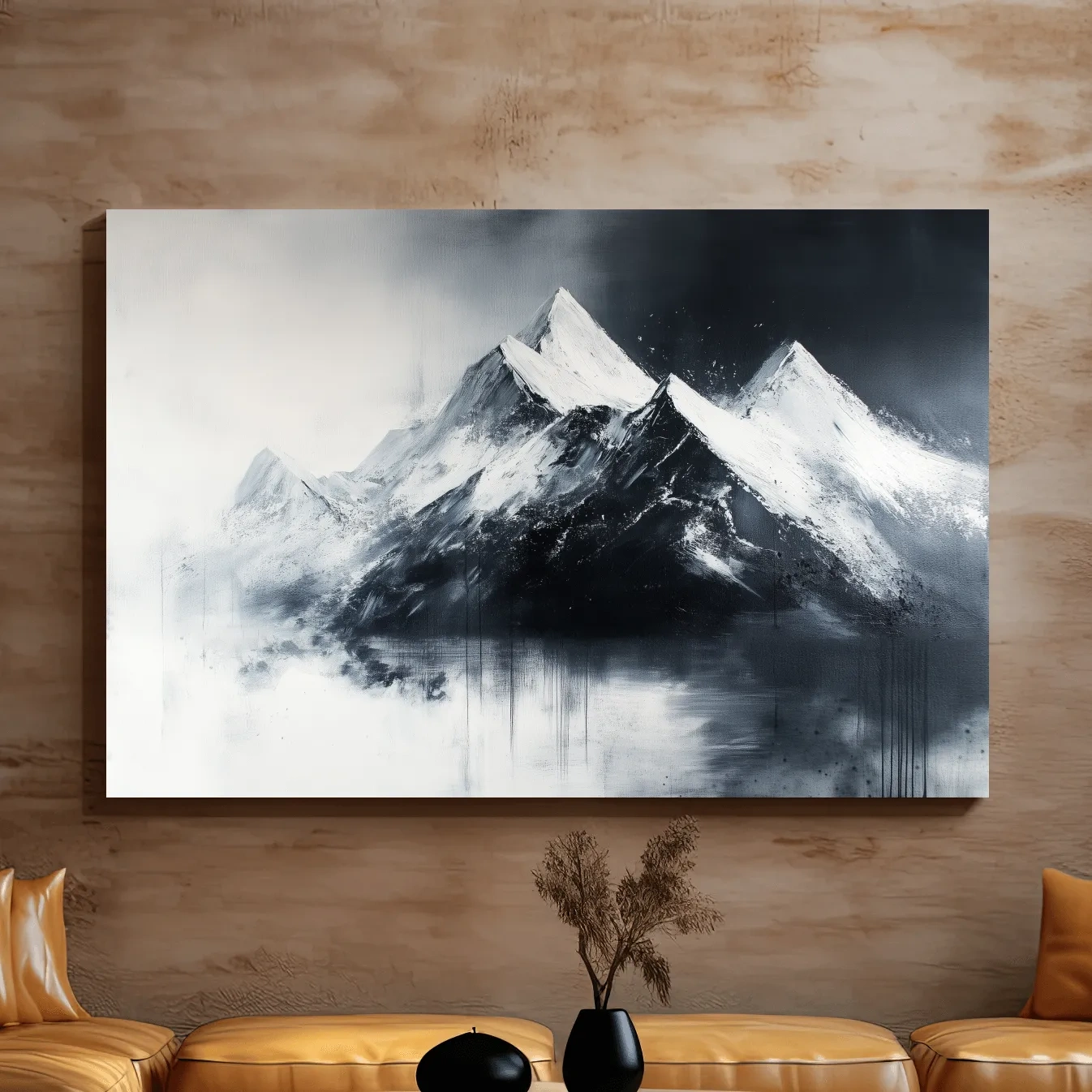 Modern wall art mountain painting, black and white glacier
