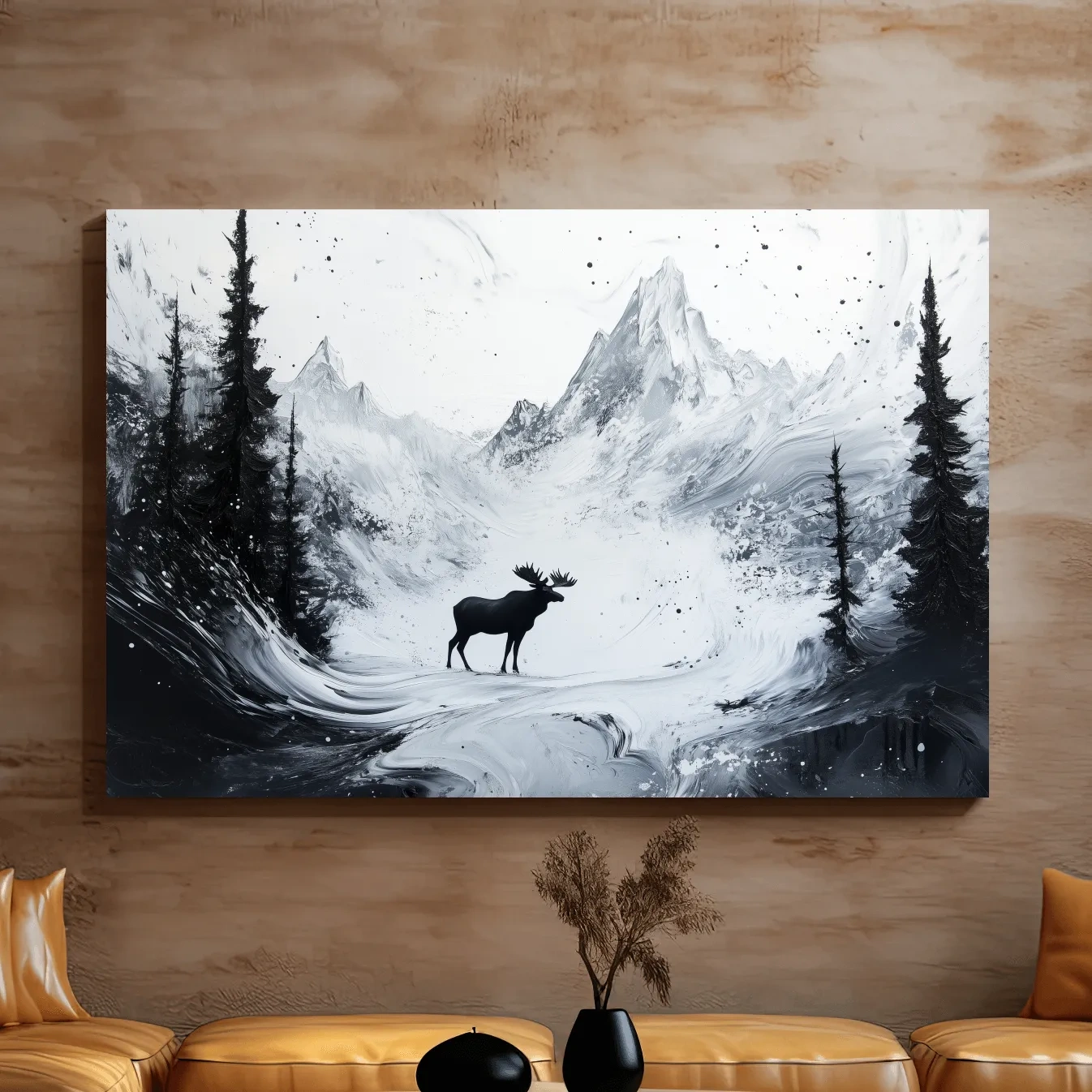 Moose in the alpine meadows, abstract black & white painting