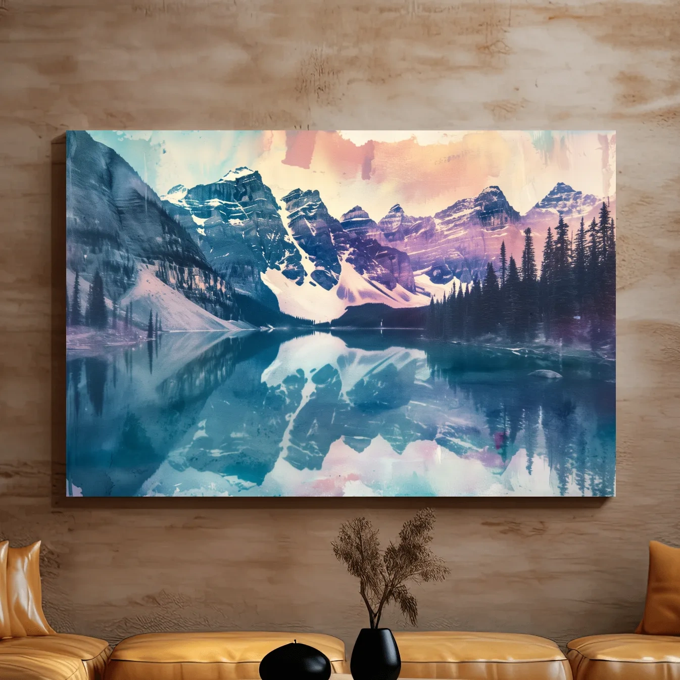 Valley of the Ten Peaks, Moraine Lake Banff. Watercolour painting postcard style mountain artwork