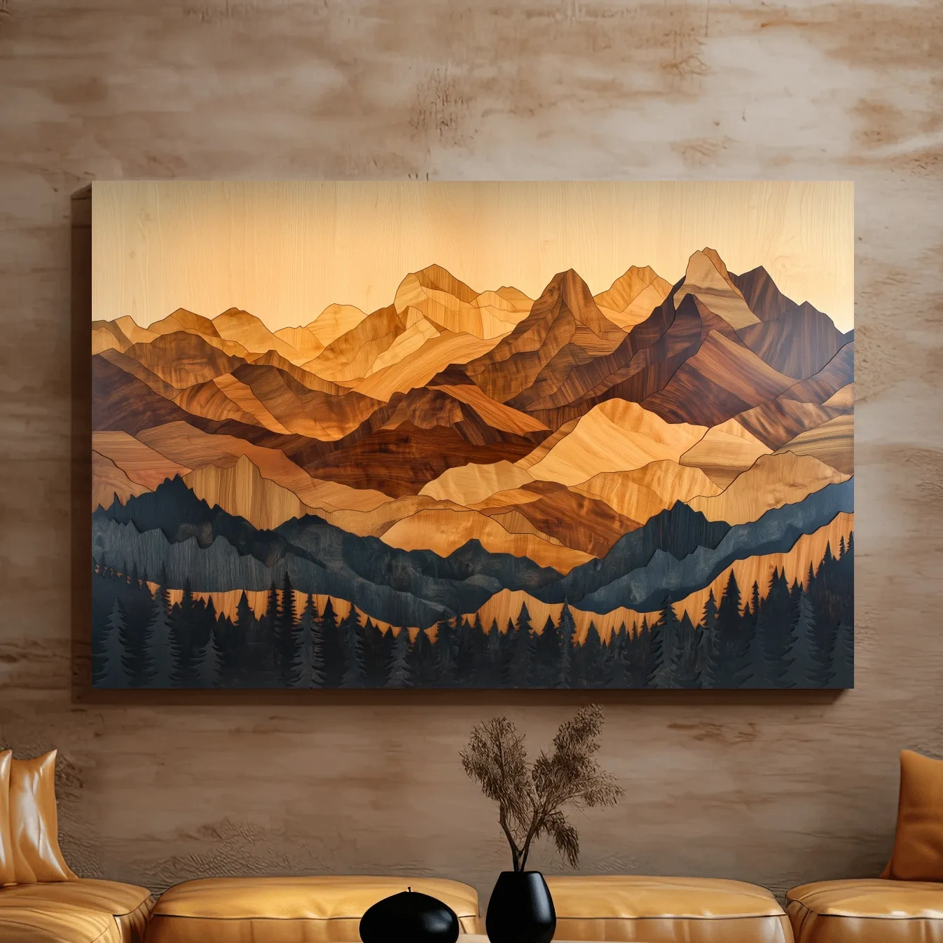 Mountain and forest wall art, 3d wood intarsia style layered wood effect