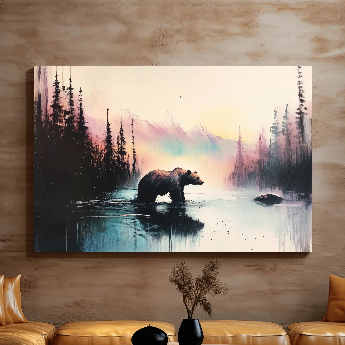 Vibrant textured wallart painting, a grizzly bear in a river