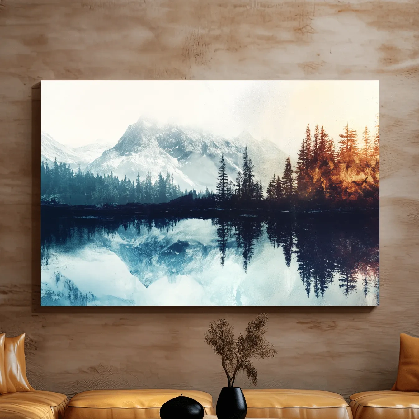 Mountain wall art, foggy glacial lake and forest in fall, textured painting effect