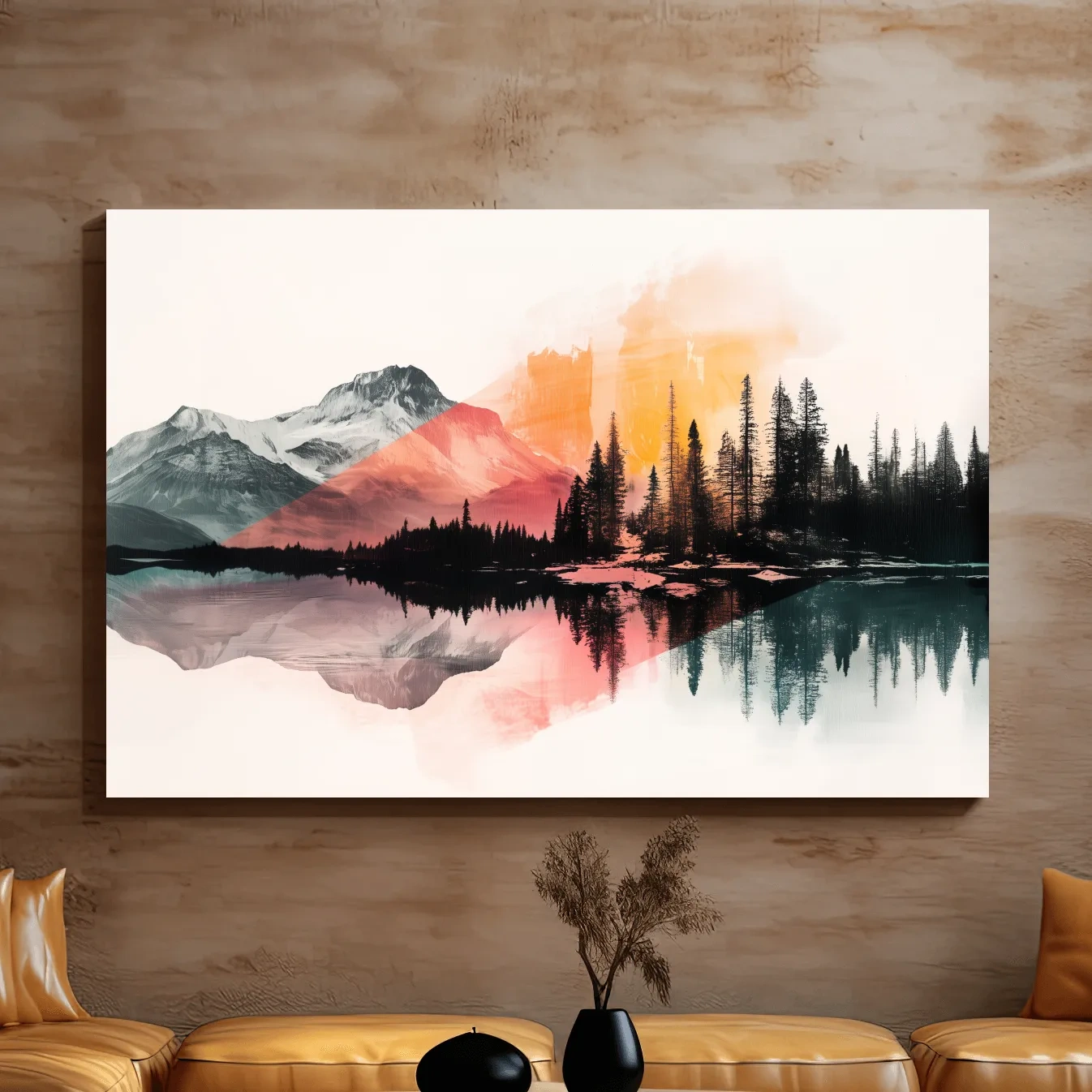 Modern abstract mountain wall artwork painting, glacial lake and forest, vibrant textured style