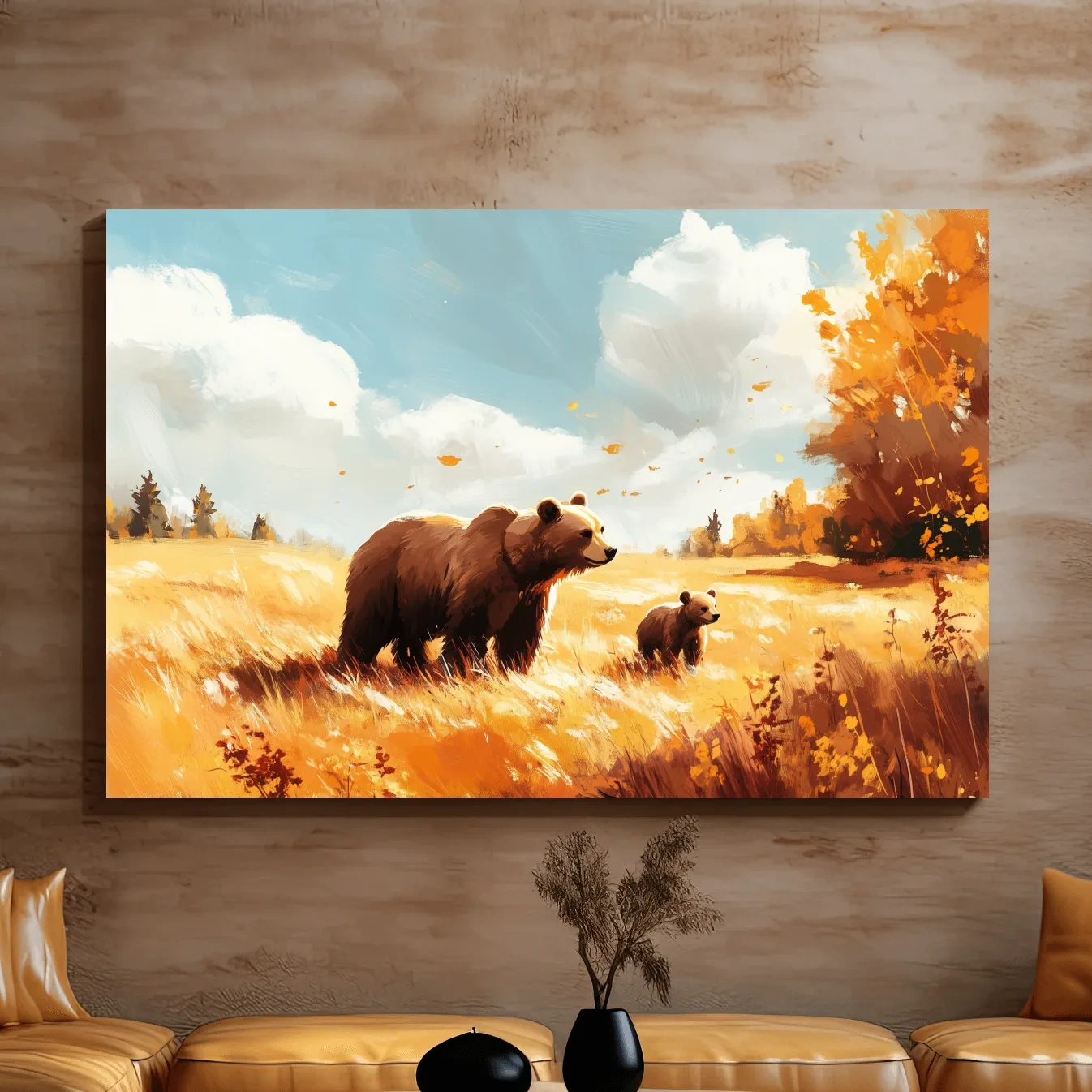 Autumn Grizzly Bear & Cub Painting - Warm Golden Wildlife Wall Art