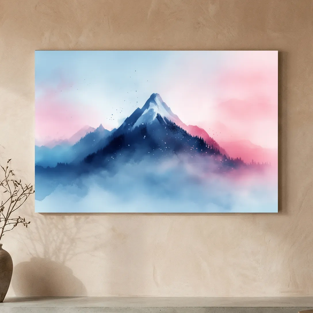 Misty Pastel Watercolor Mountain Peak - Dreamy Alpine Landscape Wall Art