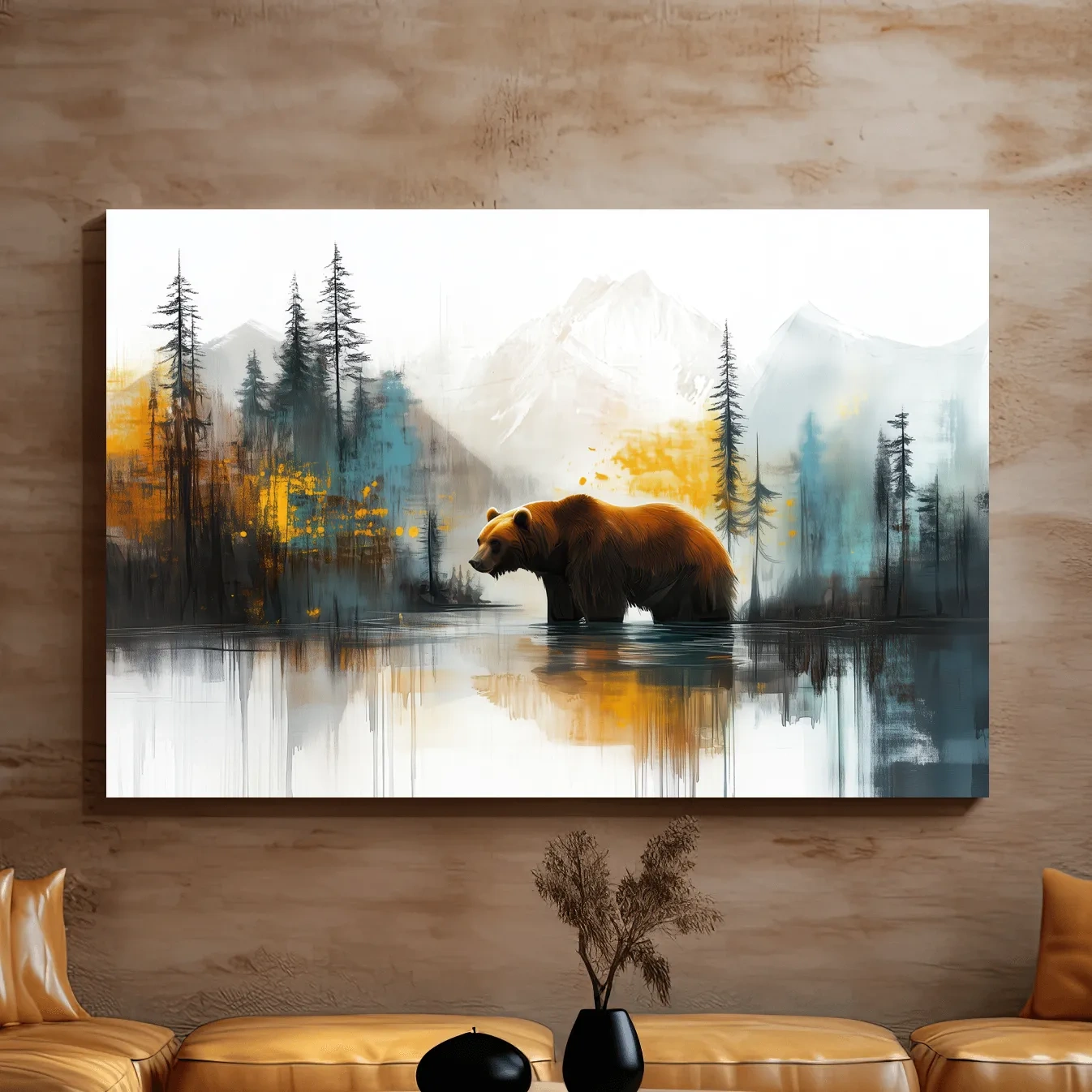 Grizzly bear textured wall art, colorful abstract painting artwork