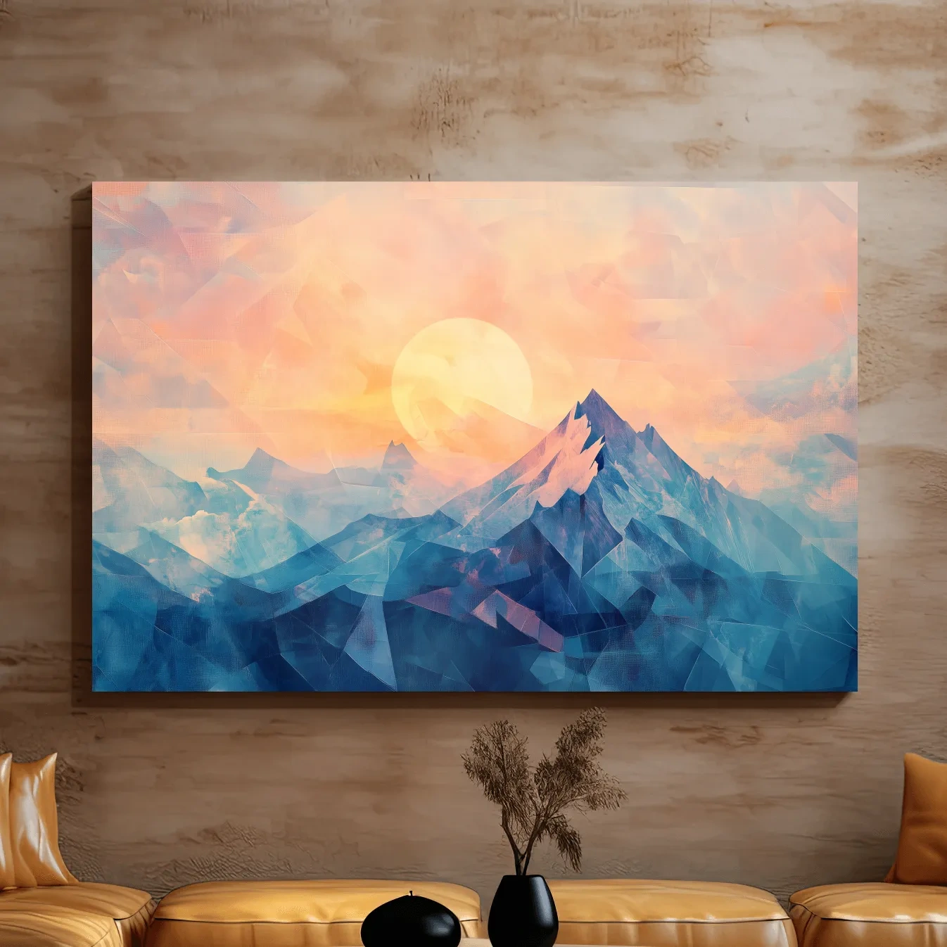 Sunset mountain wall art, geometric fragmented mosaic effect, textured art finish