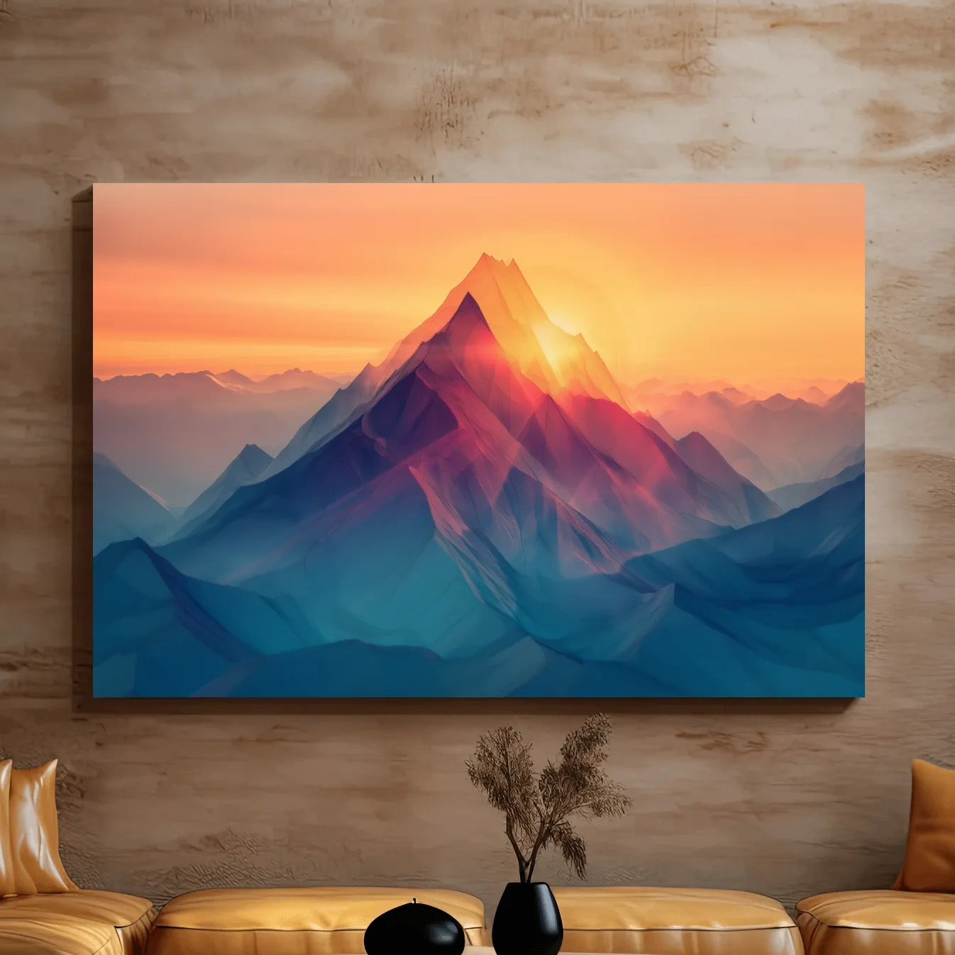 Abstract mountain artwork, sunset over mountain ranges