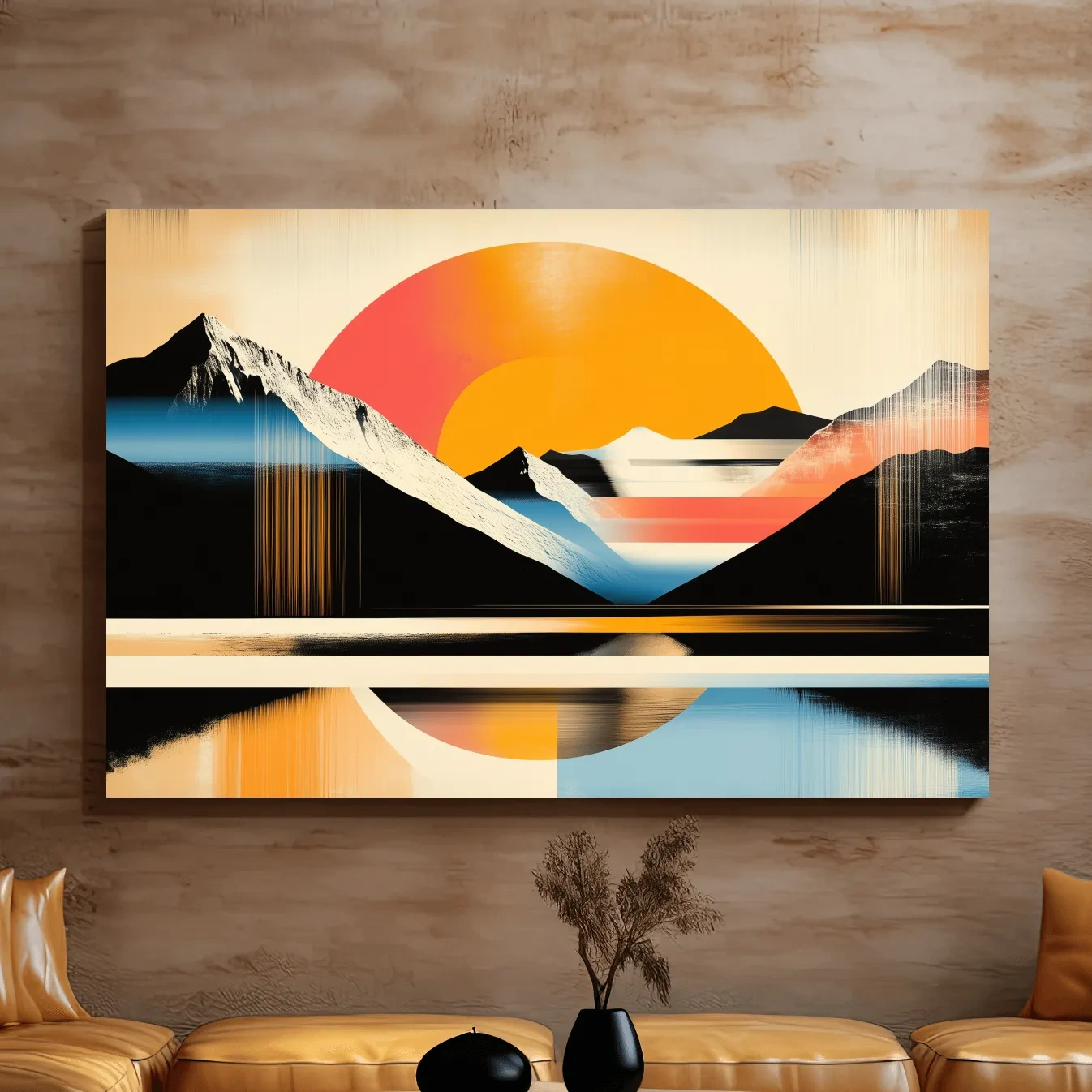Abstract alpine mountain wall art, bold retro geometric landscape with vibrant colors