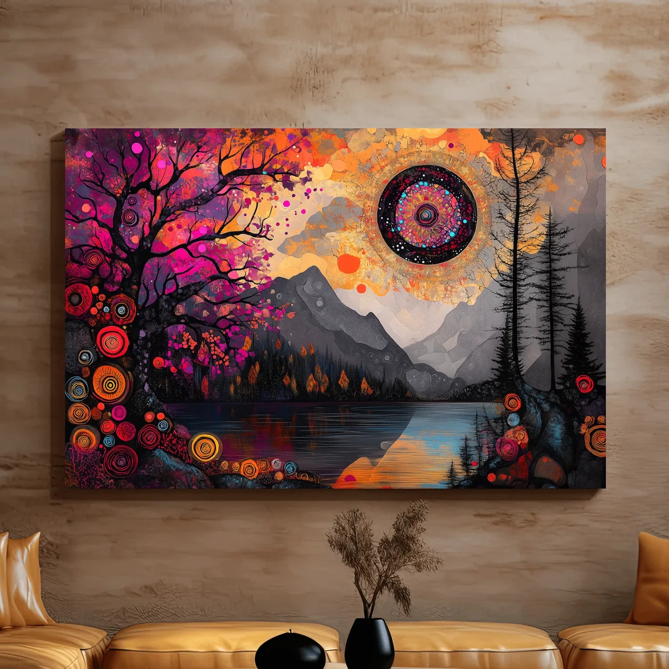 Trippy and surreal abstract mountain landscape at sunset, intricate textured patterns, vibrant colors, cosmic style