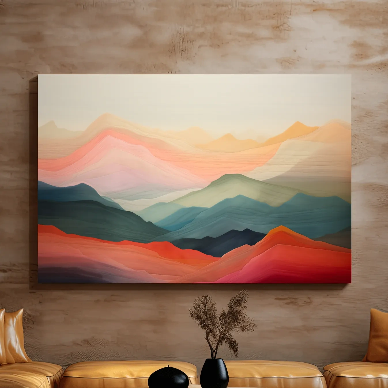 Dreamy pastel mountain landscape artwork, layered gradient painting effect