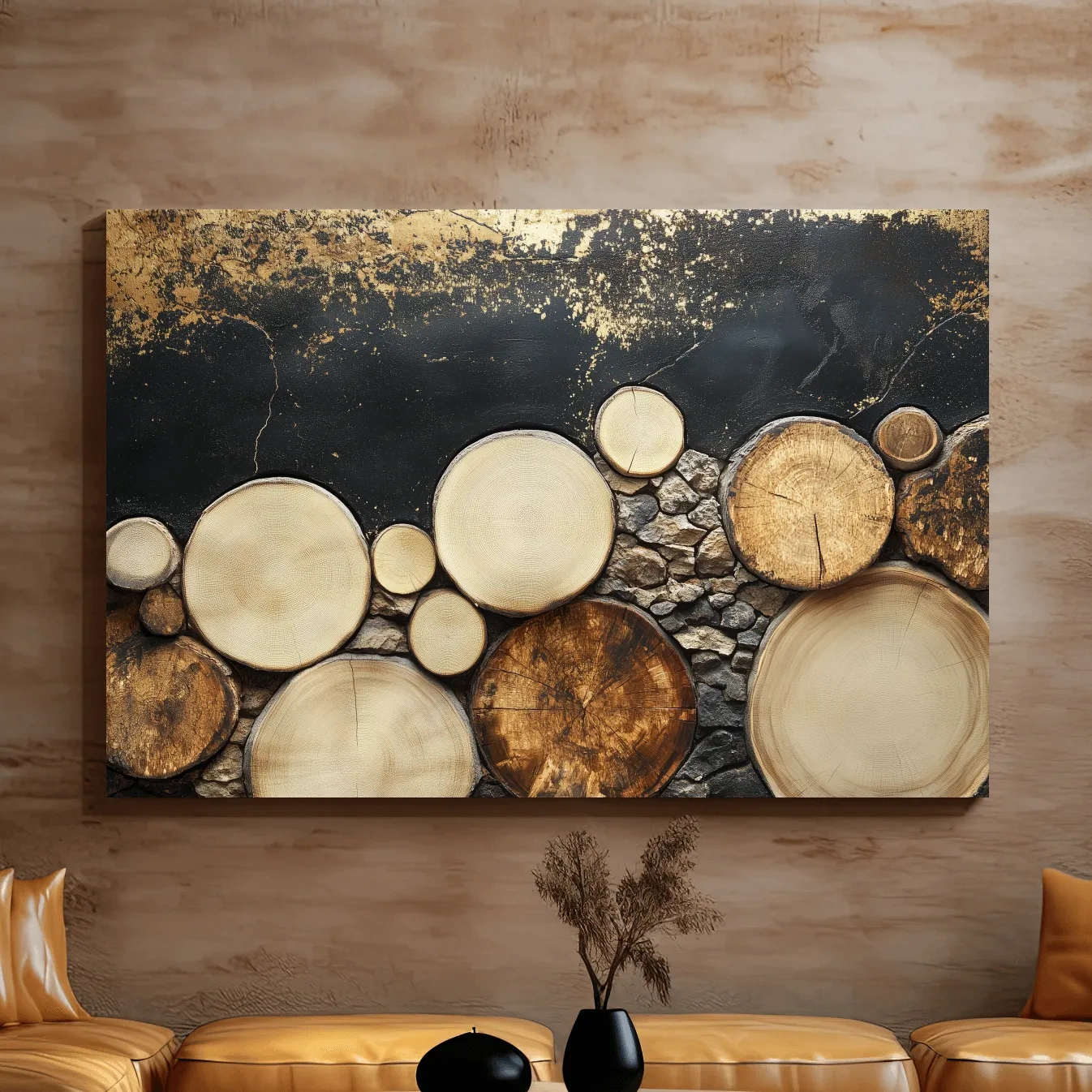 Rustic wood and stone wall art, textured effect natural elements artwork