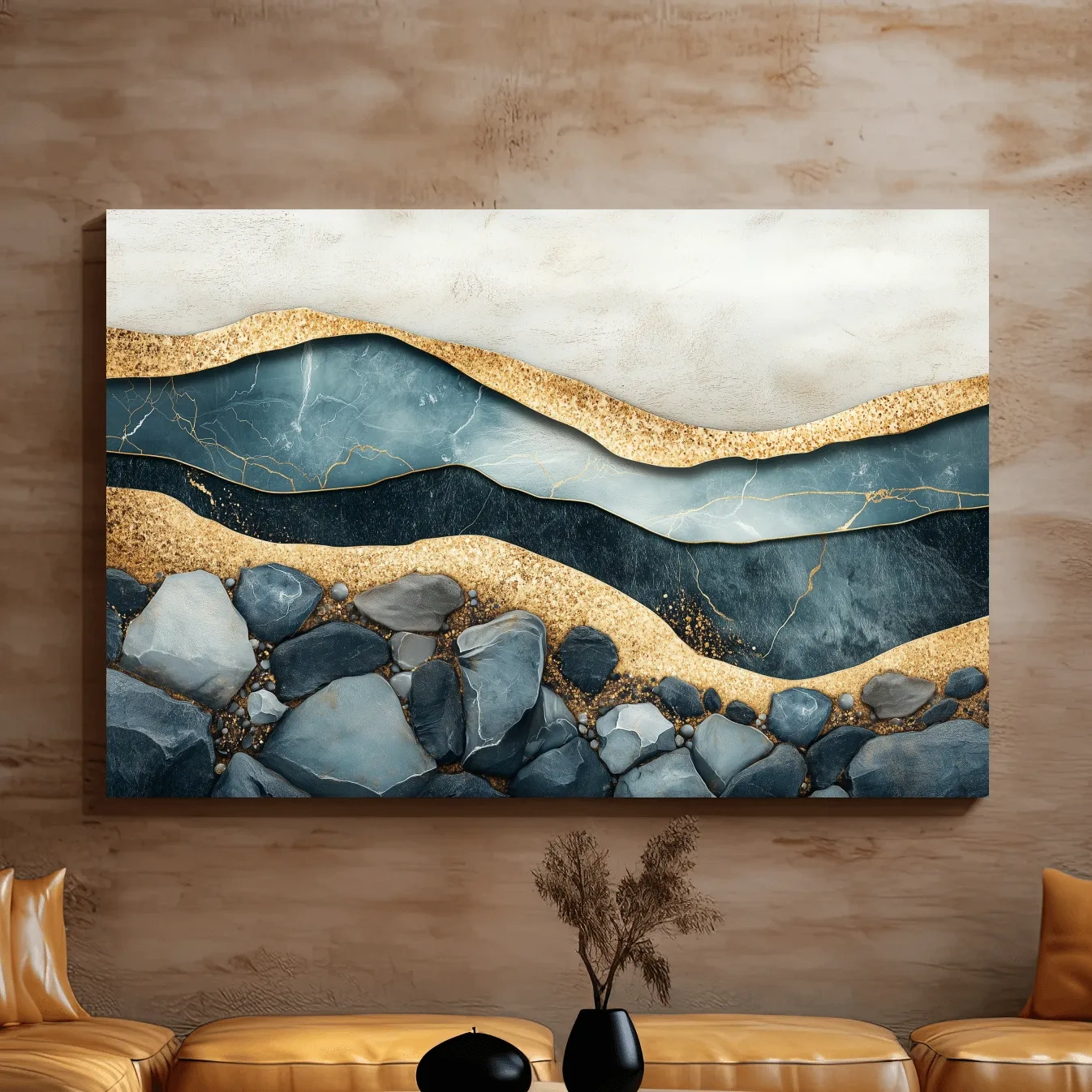 Luxury Teal Gold Marble Geode Layers - Modern River Rock Wall Art