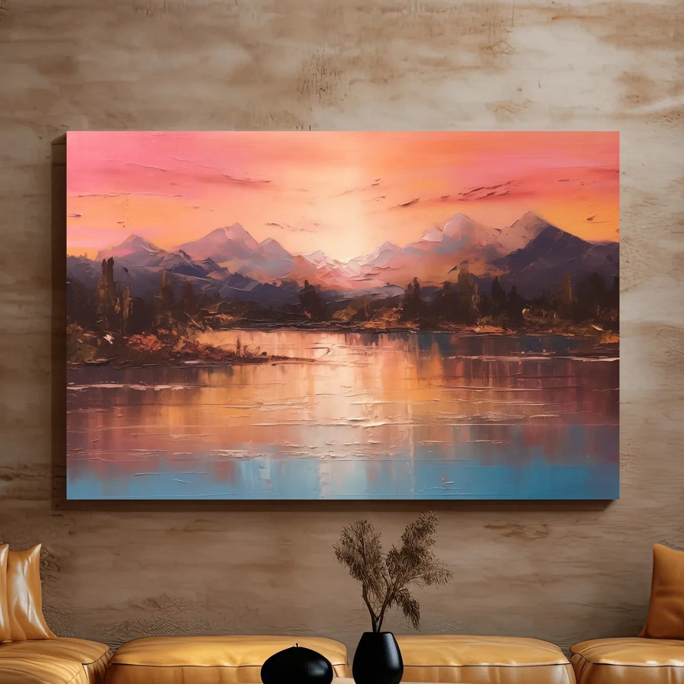 Sunset mountain lakeside painting, textured effect oil painting wall art print