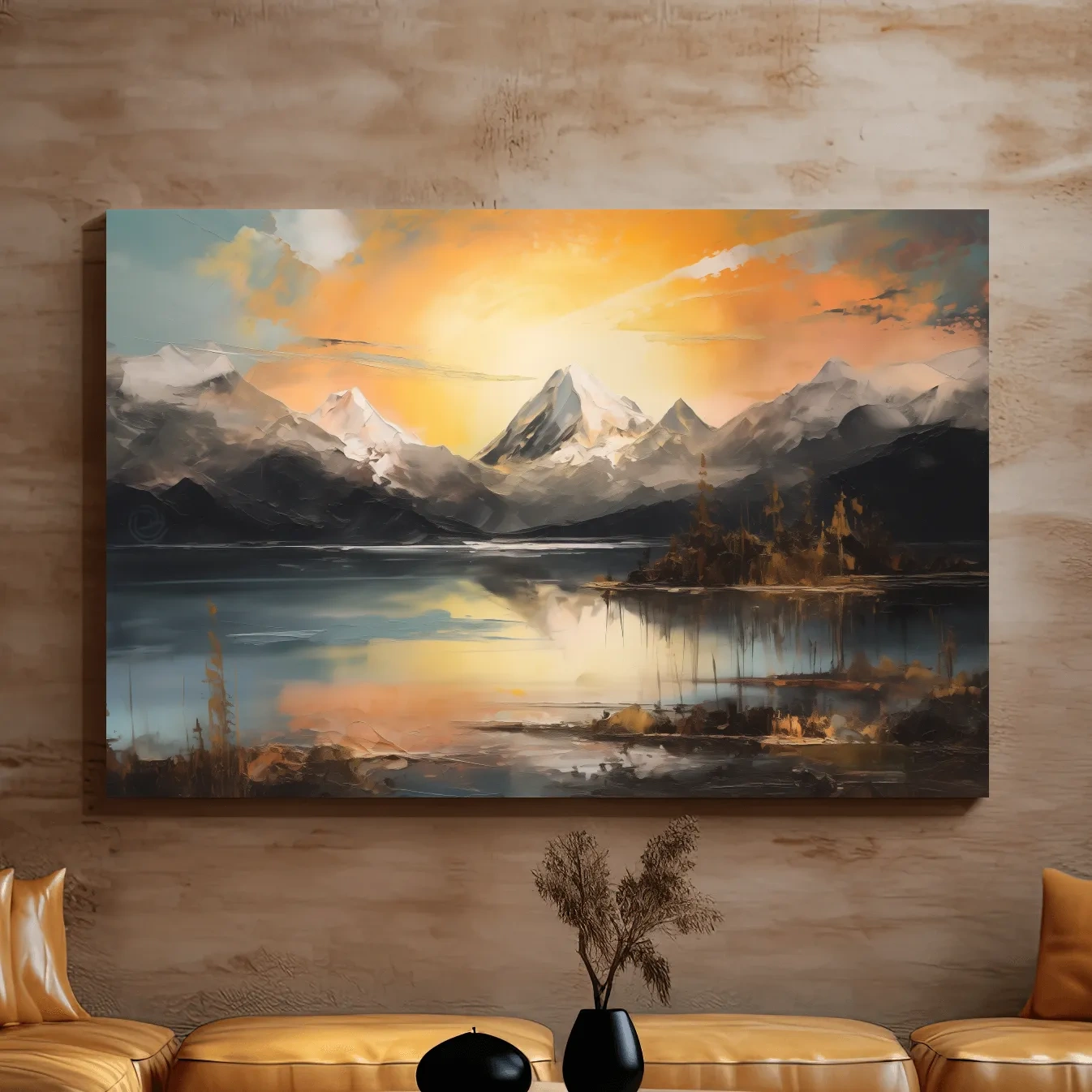 Alpine mountain sunrise over a tranquil lake, dramatic oil painting wall art