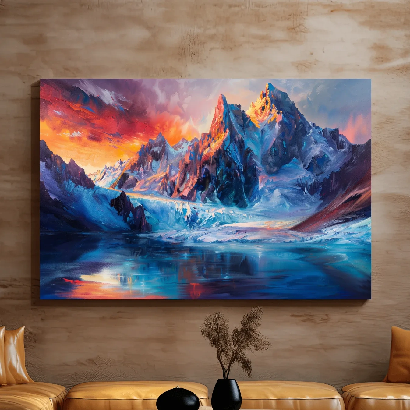 Abstract painting of an alpine glacier lake at sunset, mountain wall art