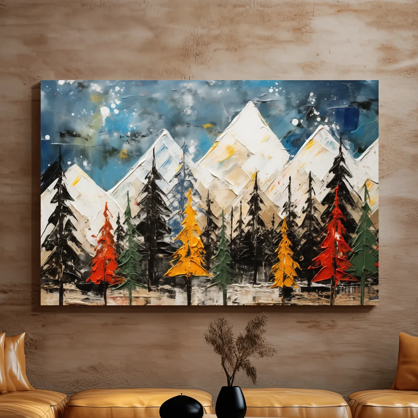 Thick abstract oil painting print, treeline by the mountains
