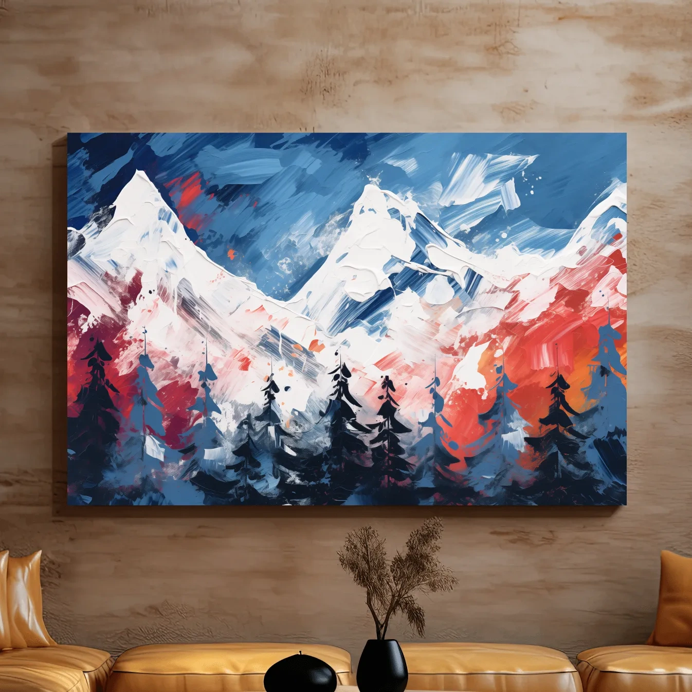 Bold rustic abstract mountain artwork, vibrant brushstroke painting of snowy peaks and forest