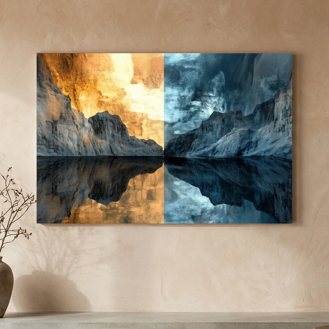 Split Tone Mountain Lake Reflection - Fiery Sunset Cool Twilight