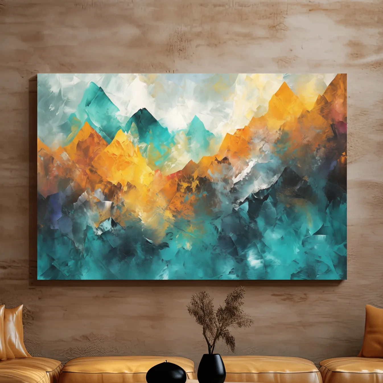 Abstract mountain painting, vibrant colorful wall art