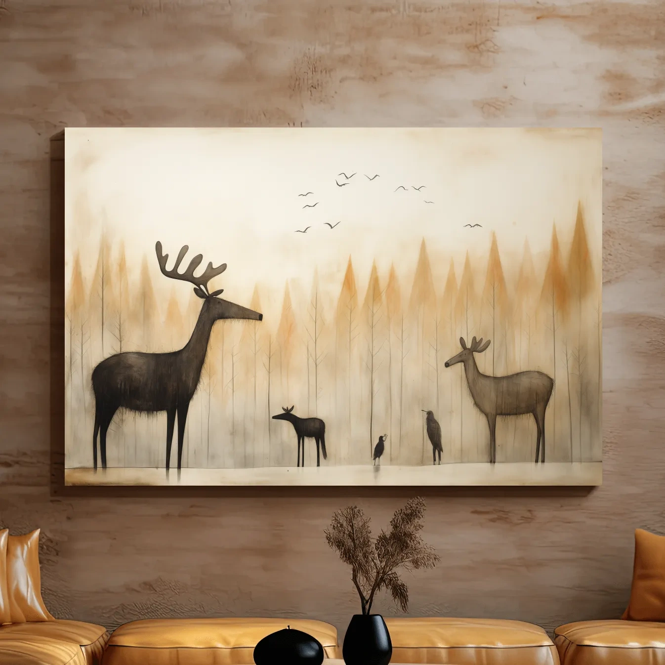 Minimalist Woodland Deer Family Illustration - Scandinavian Nursery Forest Wall Art