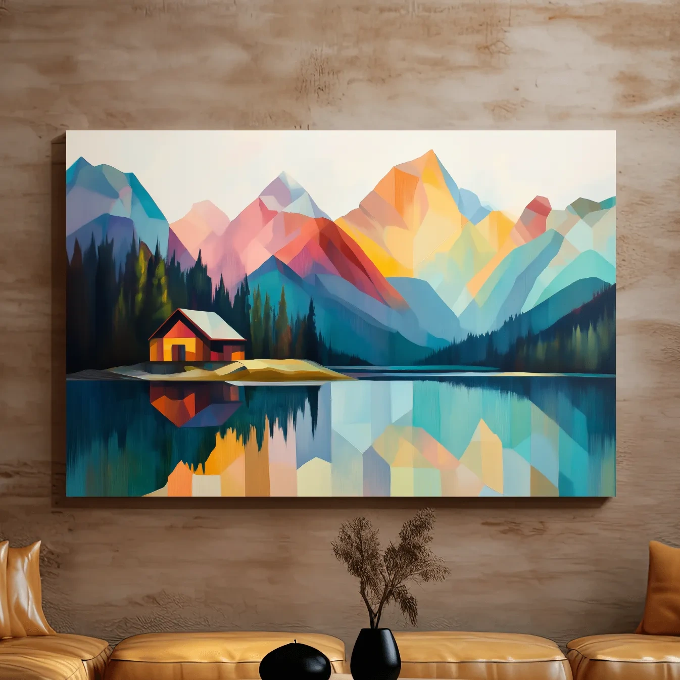 Colorful mountain cabin artwork, geometric landscape wall art
