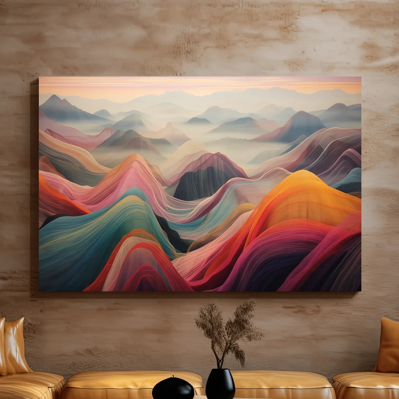 Colorful abstract mountain wall art, layered flowing waves effect
