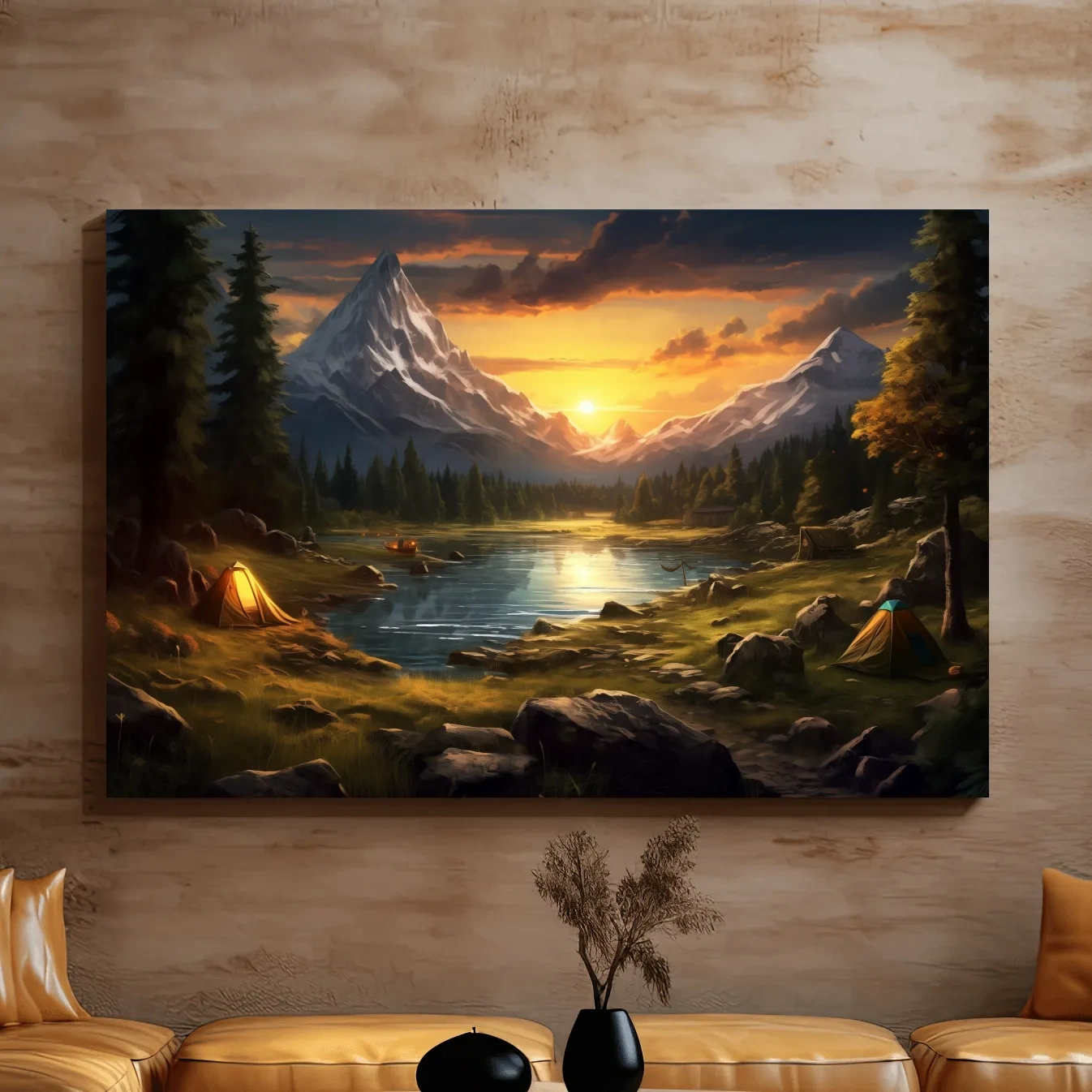 Painting of an alpine campsite by a lake at sunset, serene wall artwork