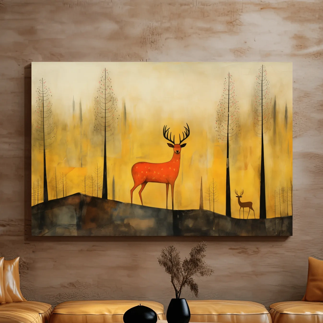 Whimsical Deer In Autumn Forest - Golden Woodland Landscape Wall Art