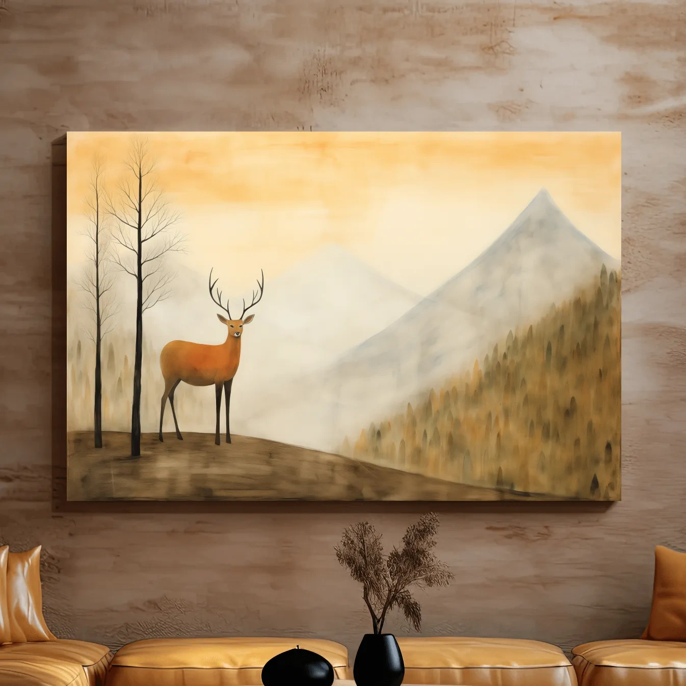 Deer Alpine Mountain Landscape Painting - Serene Foggy Forest Wall Art
