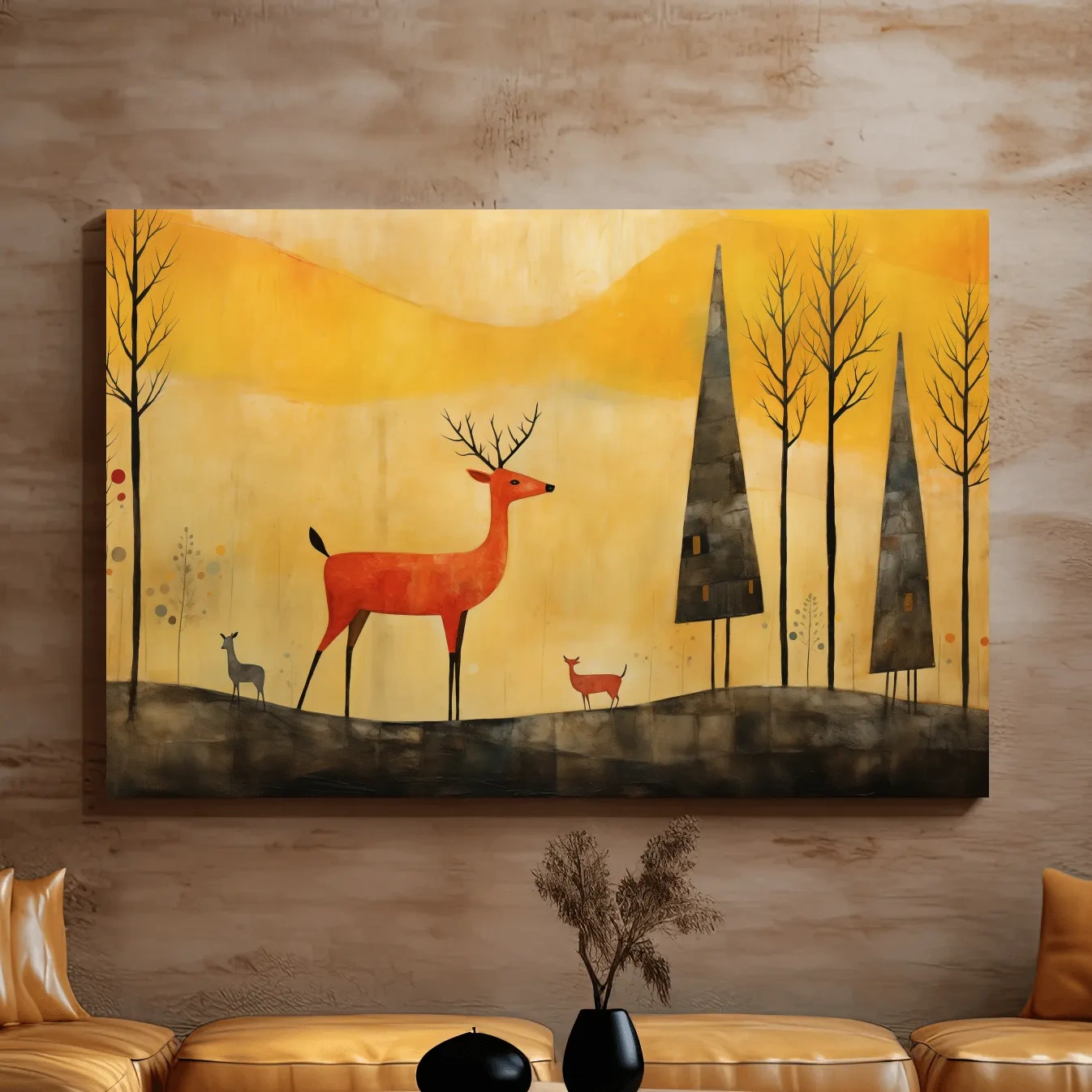 Whimsical Deer Forest Illustration - Autumn Woodland Landscape Wall Art